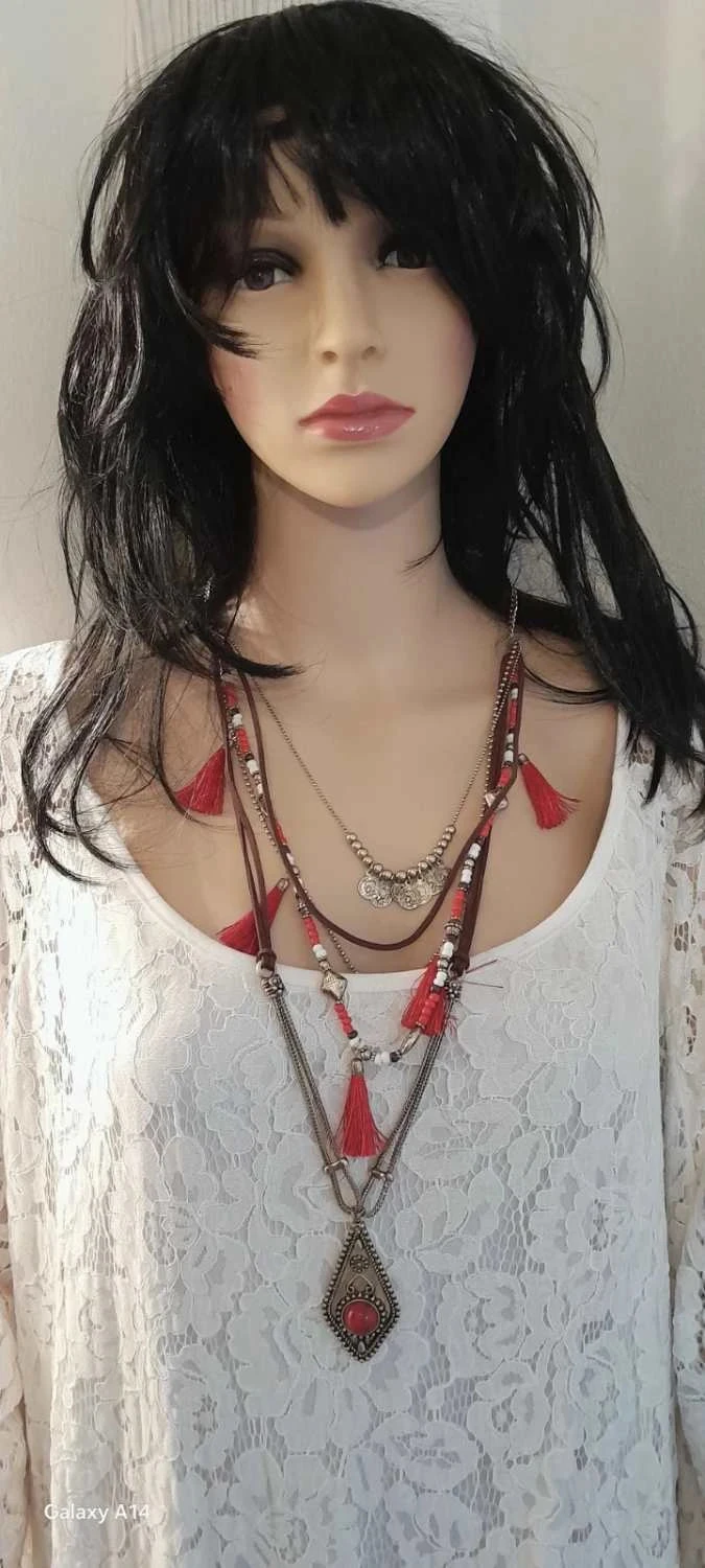 Collier Bohème, rouge et doré vieilli, avec pompons
